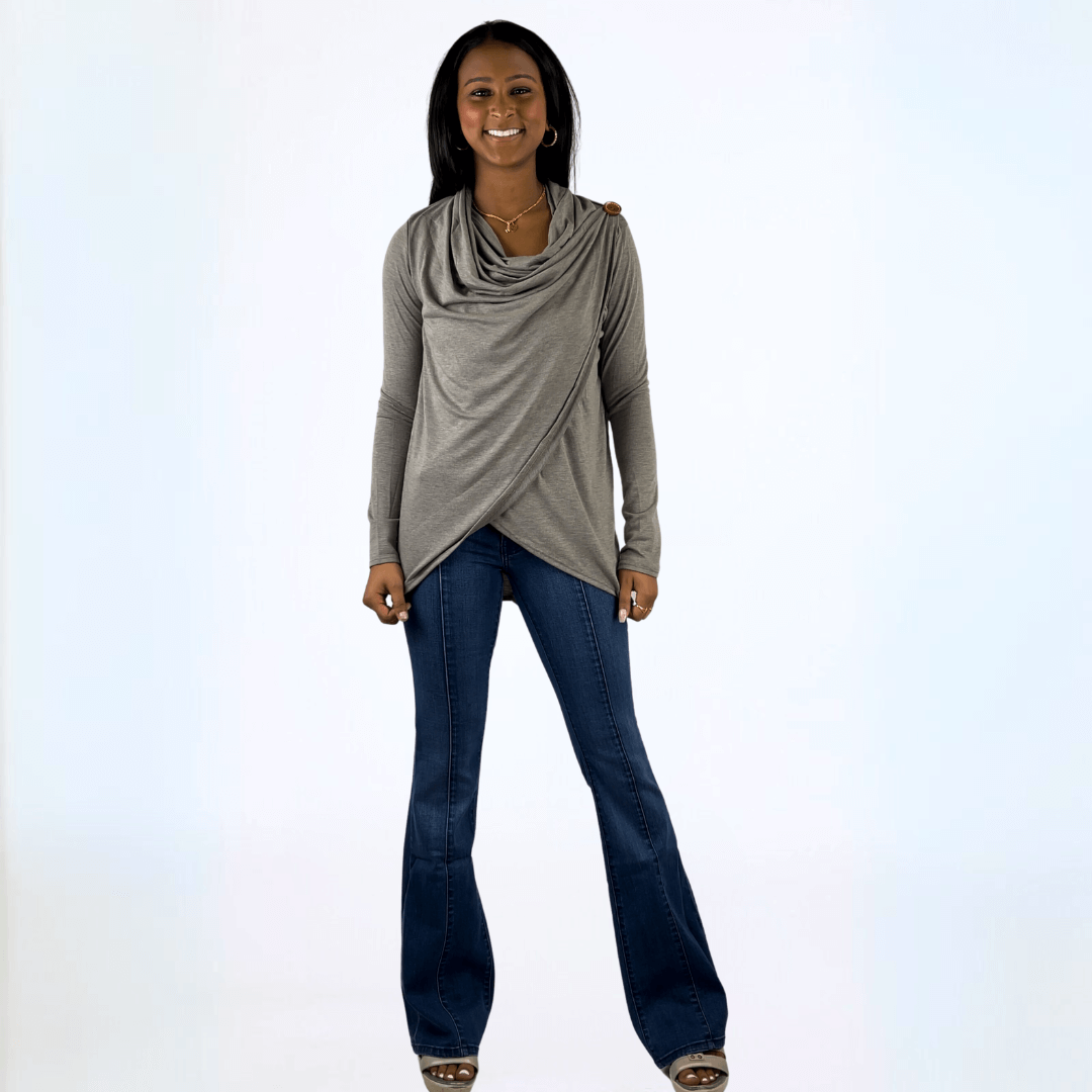 Made in USA Women's Cowl Neck Draped Front Sweater Top, Long Sleeves, High Low Length, Shoulder Button Detail, Available in Charcoal Grey and Taupe | Classy Cozy Cool Made in America Boutique