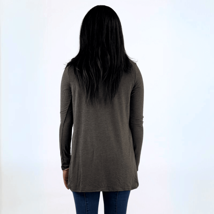 Made in USA Women's Cowl Neck Draped Front Sweater Top, Long Sleeves, High Low Length, Shoulder Button Detail, Available in Charcoal Grey and Taupe | Classy Cozy Cool Made in America Boutique