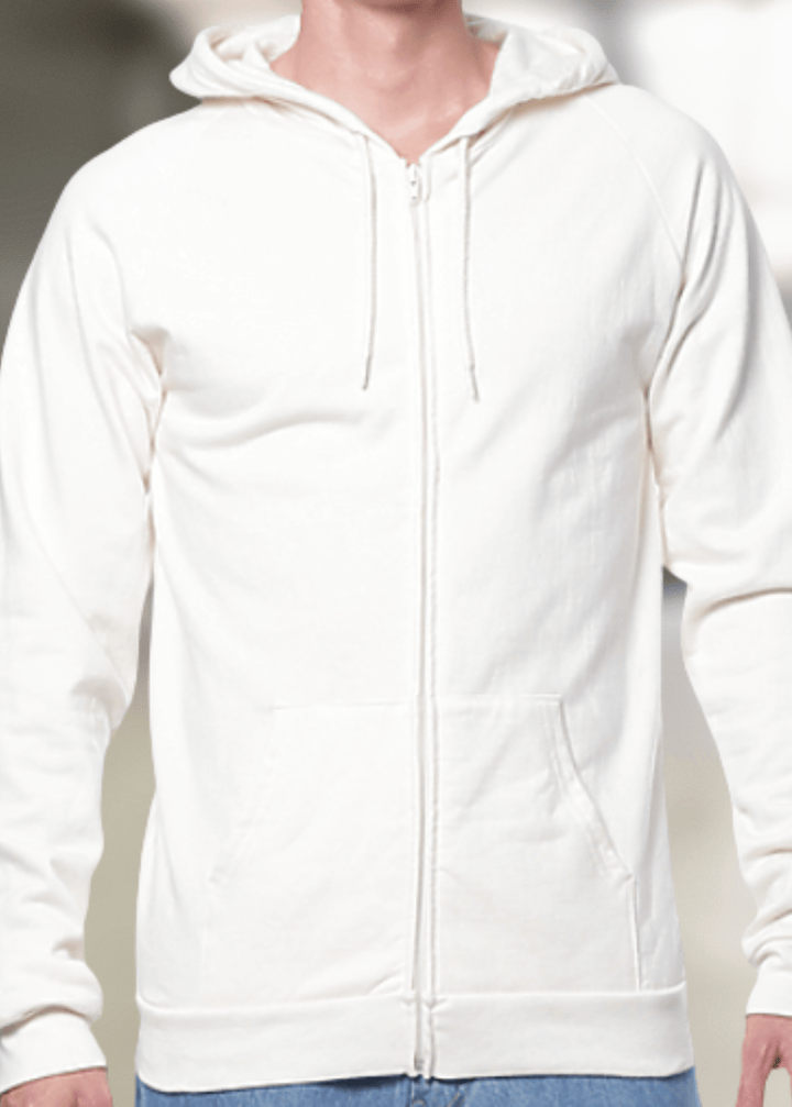 Experience unmatched comfort with this Organic Cotton Full Zip Hoodie in Natural Cream. Crafted in the USA from 100% combed ring-spun organic cotton fleece