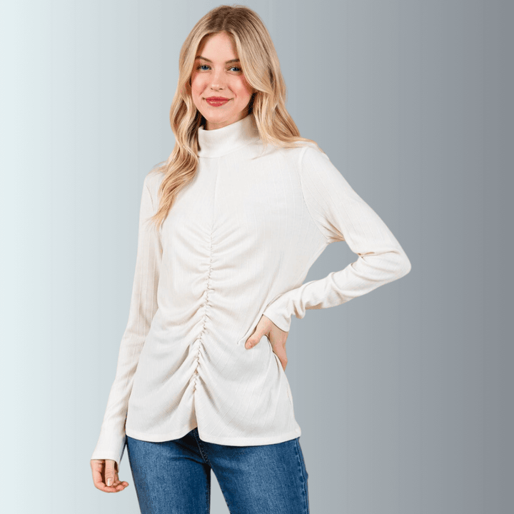 Delaney Mock Neck Top With Front Gathering Made in USA