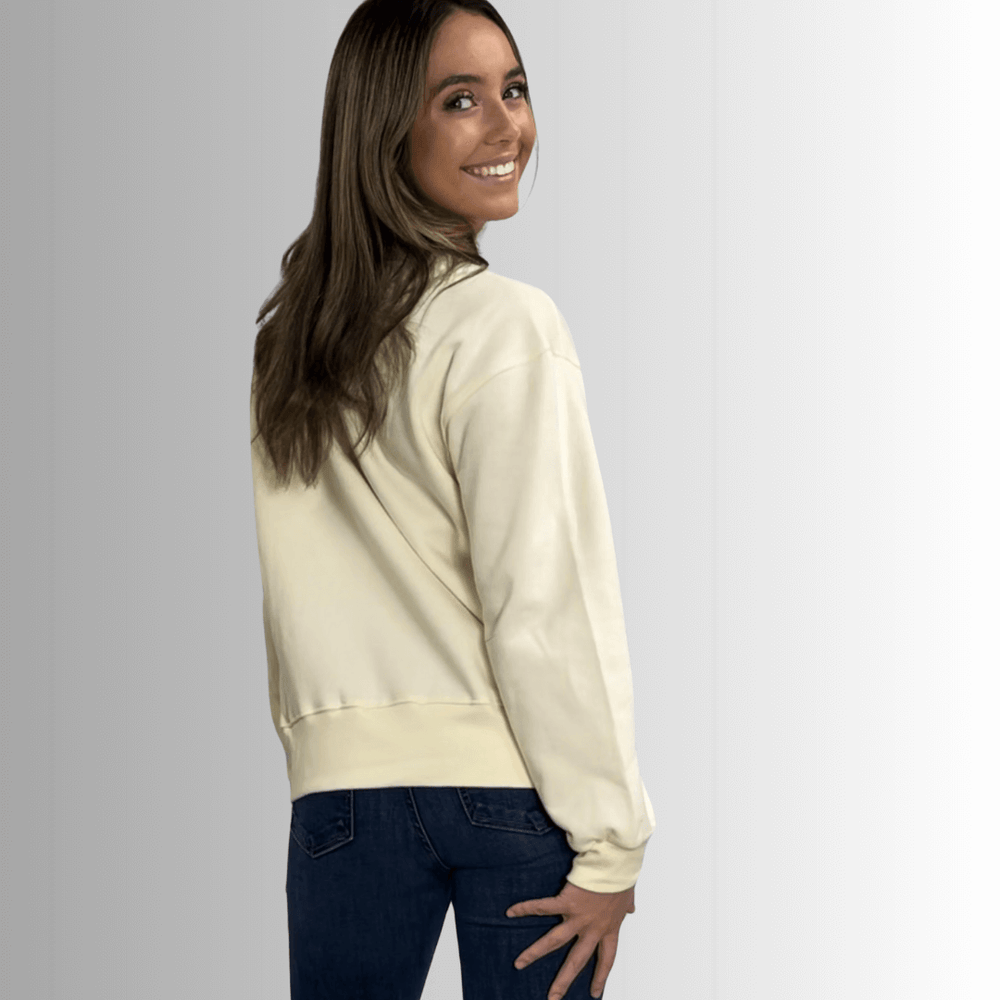 Made in USA Women's Cream Crew Neck Fleece Sweatshirt with God Bless USA Graphic, Heavyweight Cotton Fleece, Drop Shoulder, Relaxed Fit