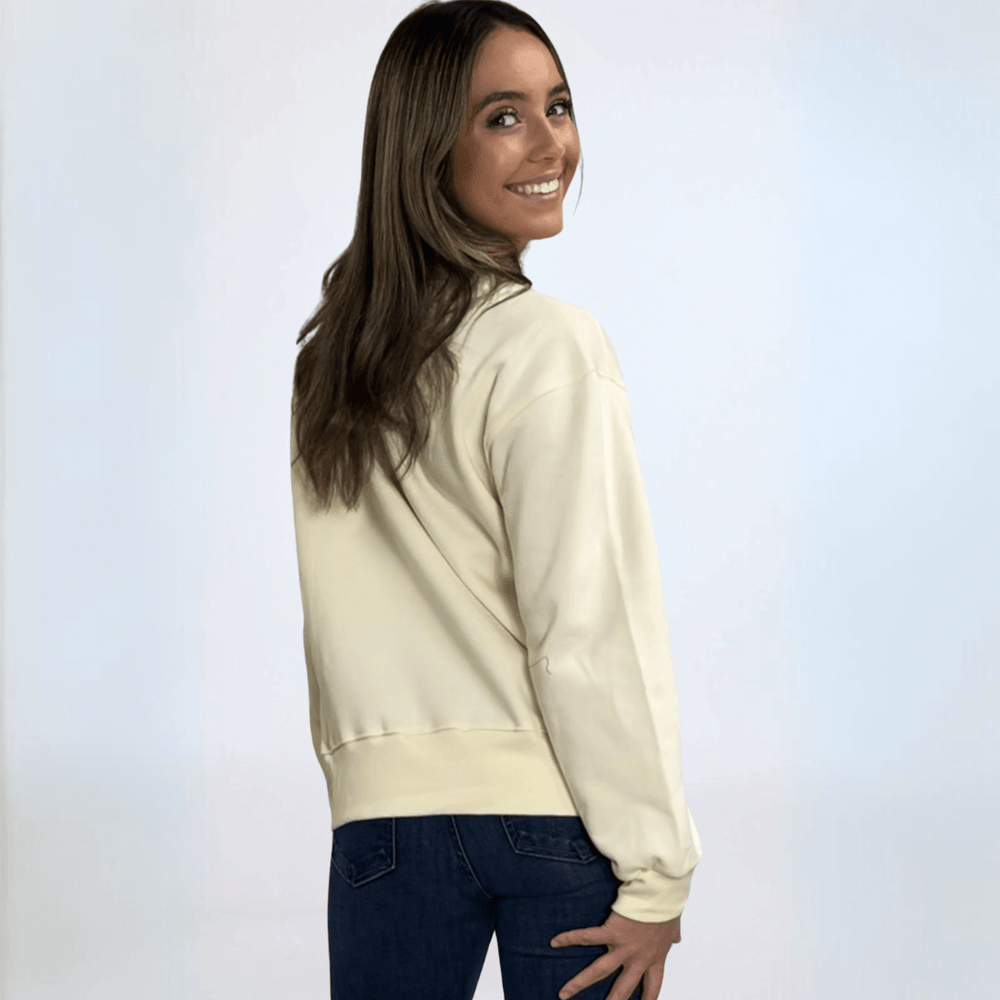 Made in USA Women's Cream Crew Neck Fleece Sweatshirt with Happy Fall Nome Graphic, Heavyweight Cotton Fleece, Drop Shoulder, Relaxed Fit | Classy Cozy Cool Made in America Boutique