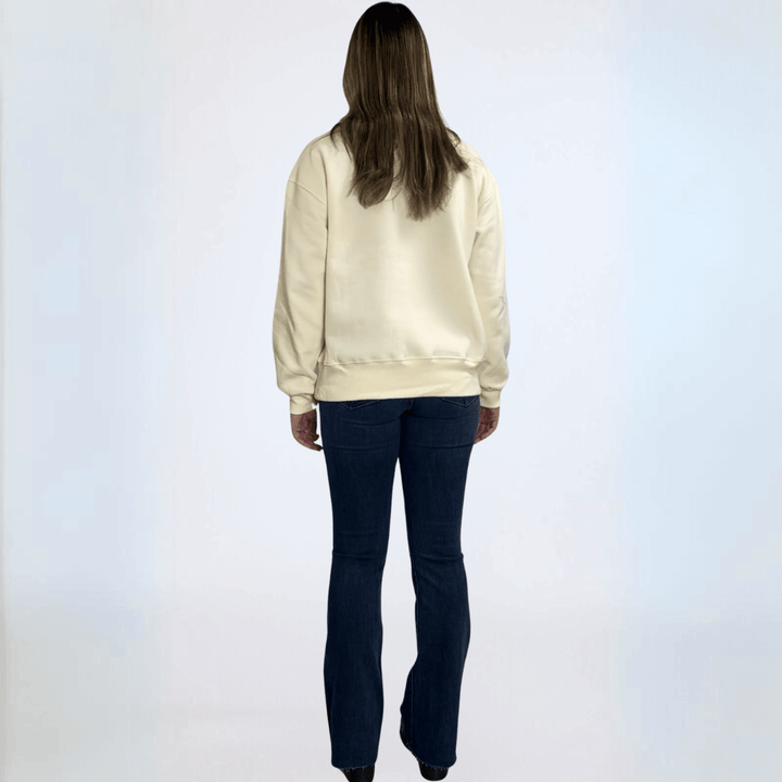 Made in USA Women's Cream Crew Neck Fleece Sweatshirt with Happy Fall Nome Graphic, Heavyweight Cotton Fleece, Drop Shoulder, Relaxed Fit | Classy Cozy Cool Made in America Boutique