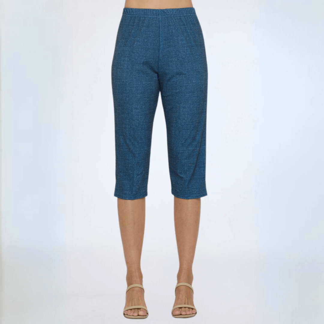 Made in USA Women's Moss Crepe Fabric Capri Pants that Fit Just Below with Side Slit and Elastic Waistband in Medium Denim Color | Classy Cozy Cool Made in America Boutique