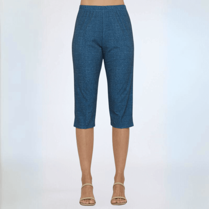 Made in USA Women's Moss Crepe Fabric Capri Pants that Fit Just Below with Side Slit and Elastic Waistband in Medium Denim Color | Classy Cozy Cool Made in America Boutique