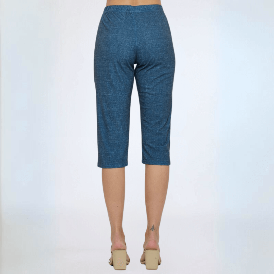 Made in USA Women's Moss Crepe Fabric Capri Pants that Fit Just Below with Side Slit and Elastic Waistband in Medium Denim Color | Classy Cozy Cool Made in America Boutique