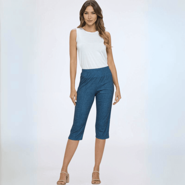 Made in USA Women's Moss Crepe Fabric Capri Pants that Fit Just Below with Side Slit and Elastic Waistband in Medium Denim Color | Classy Cozy Cool Made in America Boutique