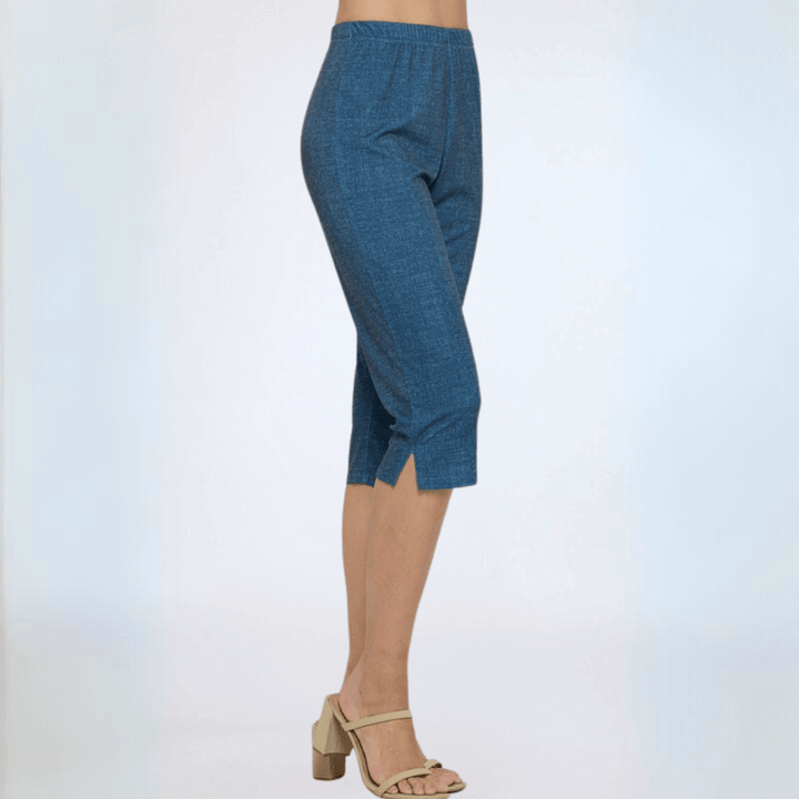 Made in USA Women's Moss Crepe Fabric Capri Pants that Fit Just Below with Side Slit and Elastic Waistband in Medium Denim Color | Classy Cozy Cool Made in America Boutique