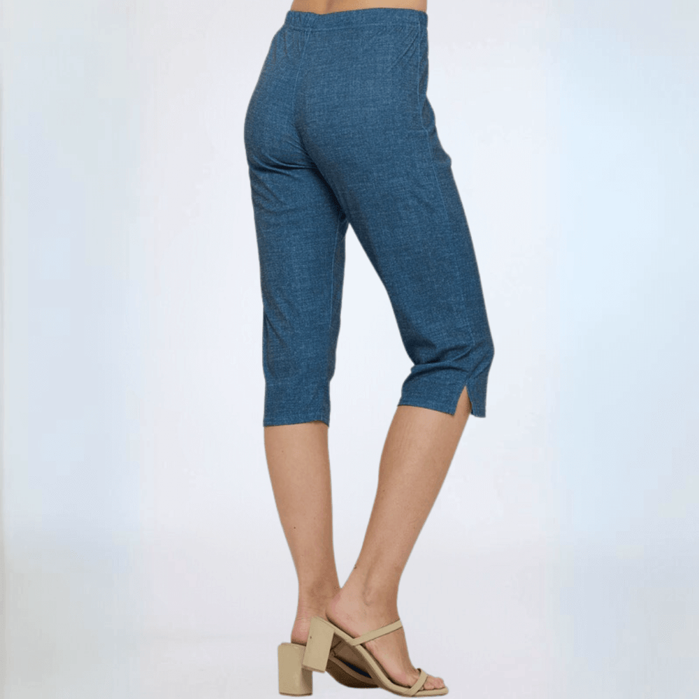 Made in USA Women's Moss Crepe Fabric Capri Pants that Fit Just Below with Side Slit and Elastic Waistband in Medium Denim Color | Classy Cozy Cool Made in America Boutique