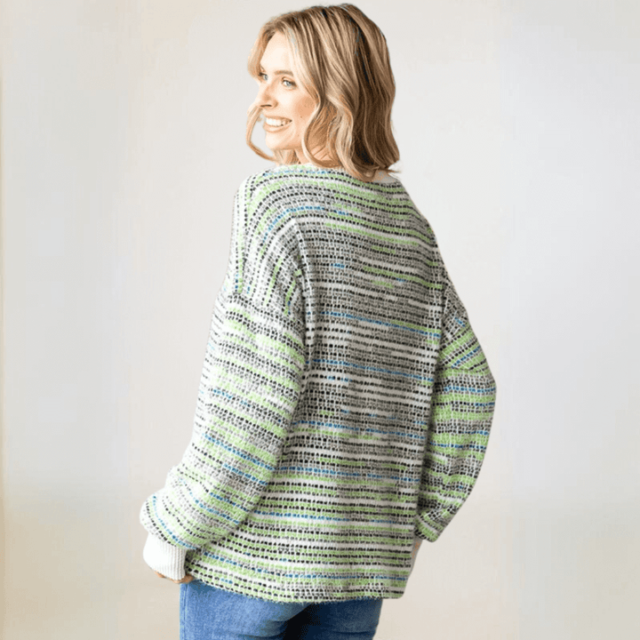 Made in USA Women's Striped Multi Color Knit Cozy Fuzzy Relaxed Fit Sweater, Round Neckline, Drop Shoulder, Long Sleeves in Green and Blue Multi Color | Classy Cozy Cool Made in America Boutique