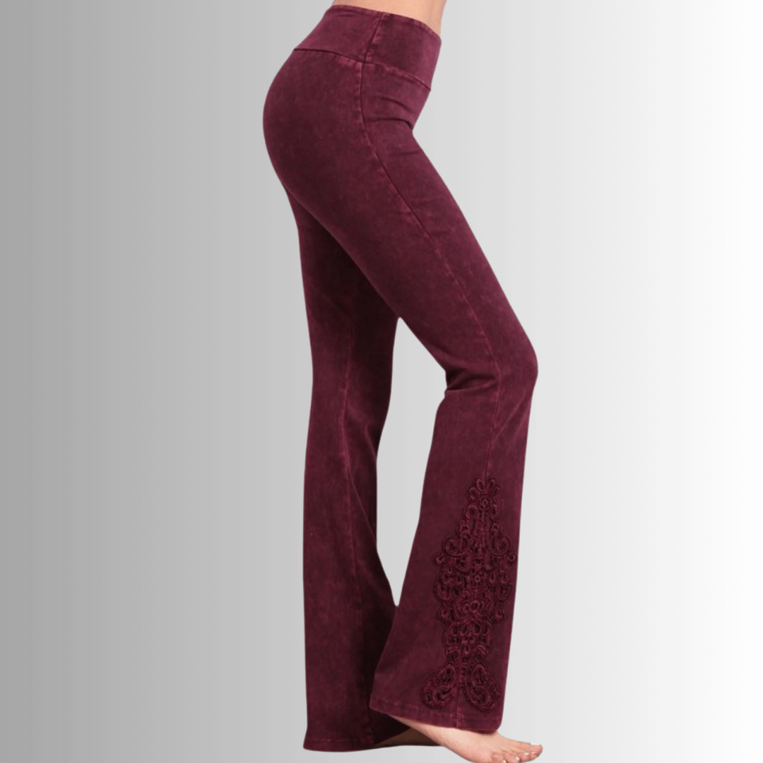 Made in USA Women's Burgundy Mineral Washed Boot Cut Jeggings with Crochet Detail Hem Style# C30372 | Classy Cozy Cool  Made in America Boutique