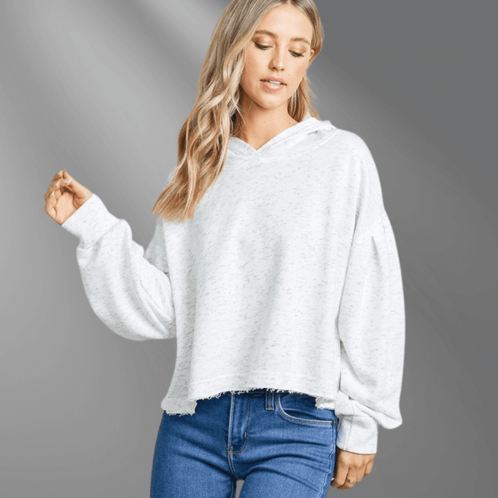 Made in USA Women's Semi-Cropped Hoodie Sweatshirt, Light Grey with Darker Grey Specks, Raw Edge Hem, Waist Length, Bubble Sleeves, Cute and Stylish | Lalamia Style MHD211025