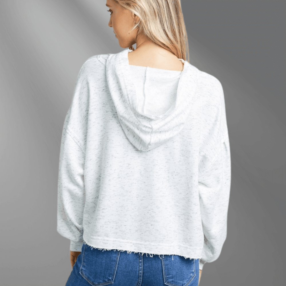 Made in USA Women's Semi-Cropped Hoodie Sweatshirt, Light Grey with Darker Grey Specks, Raw Edge Hem, Waist Length, Bubble Sleeves, Cute and Stylish | Lalamia Style MHD211025