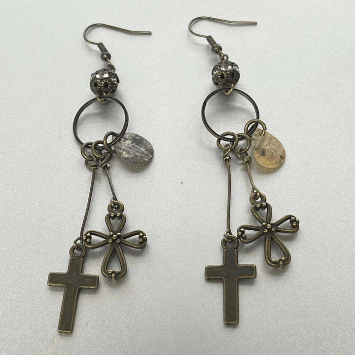 Natural Stone Jewelry Designed and Made in USA, Vintage Cross Dangle Earrings | Classy Cozy Cool Made in America Boutique