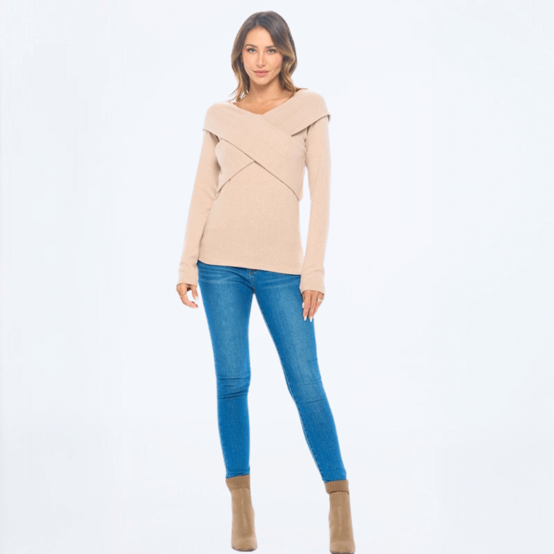 Made in USA Ladies' Super Soft Long Sleeve Double V-Neck Cashmere Feel Sweater Top With Criss Cross Detail in Light Taupe | Renee C Style# 4454TP