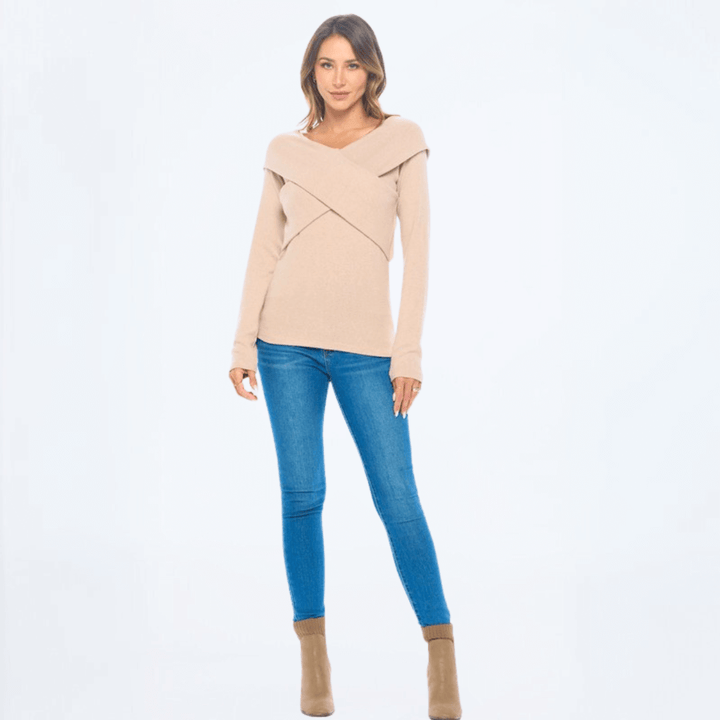 Made in USA Ladies' Super Soft Long Sleeve Double V-Neck Cashmere Feel Sweater Top With Criss Cross Detail in Light Taupe | Renee C Style# 4454TP