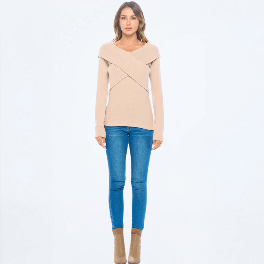 Made in USA Ladies' Super Soft Long Sleeve Double V-Neck Cashmere Feel Sweater Top With Criss Cross Detail in Light Taupe | Renee C Style# 4454TP