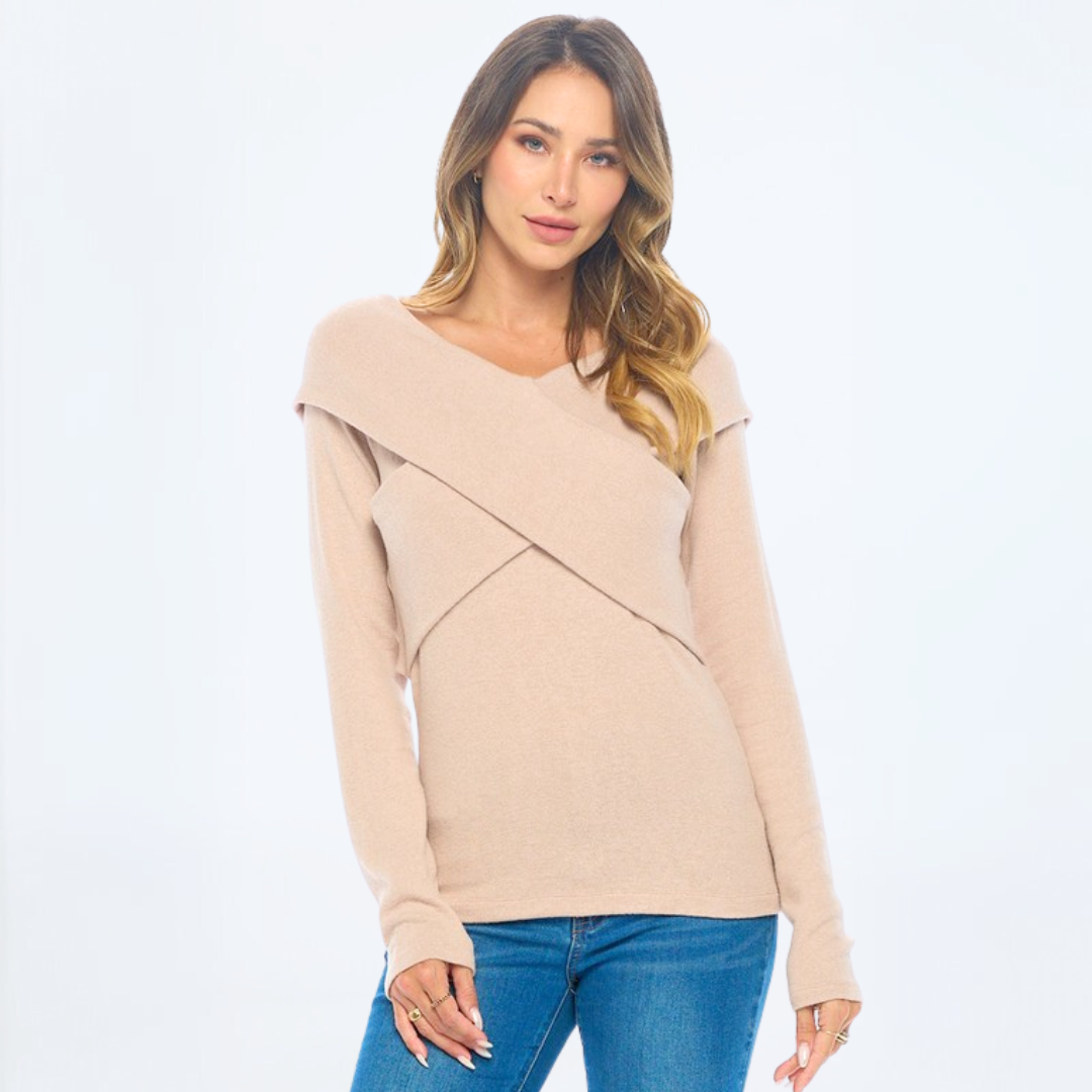 Made in USA Ladies' Super Soft Long Sleeve Double V-Neck Cashmere Feel Sweater Top With Criss Cross Detail in Light Taupe | Renee C Style# 4454TP