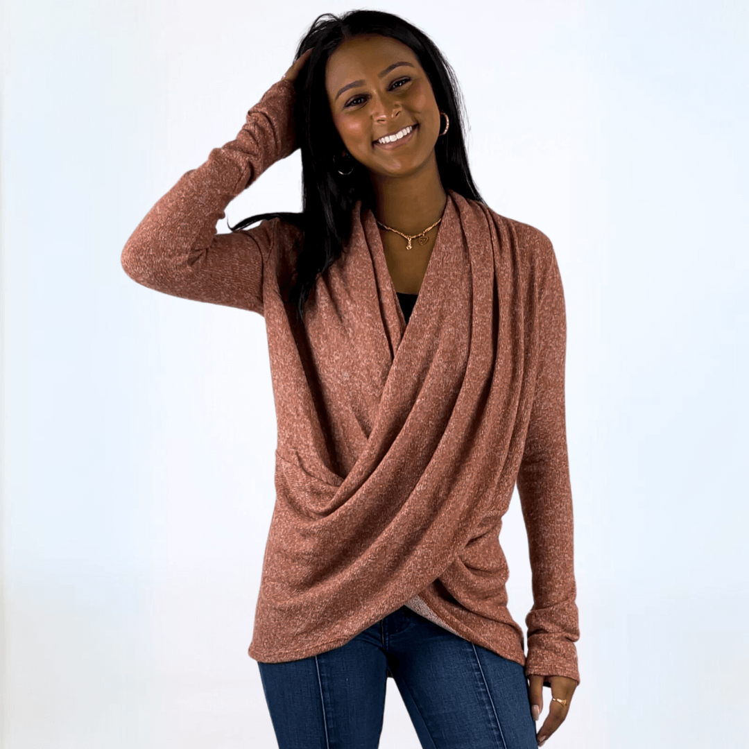 Made in USA Women's Marbled Knit Brick Red Soft Brushed Wrapped Front Sweater, Long Sleeves, Crossover Draped in Front, Longer Length | Classy Cozy Cool Made in America Boutique