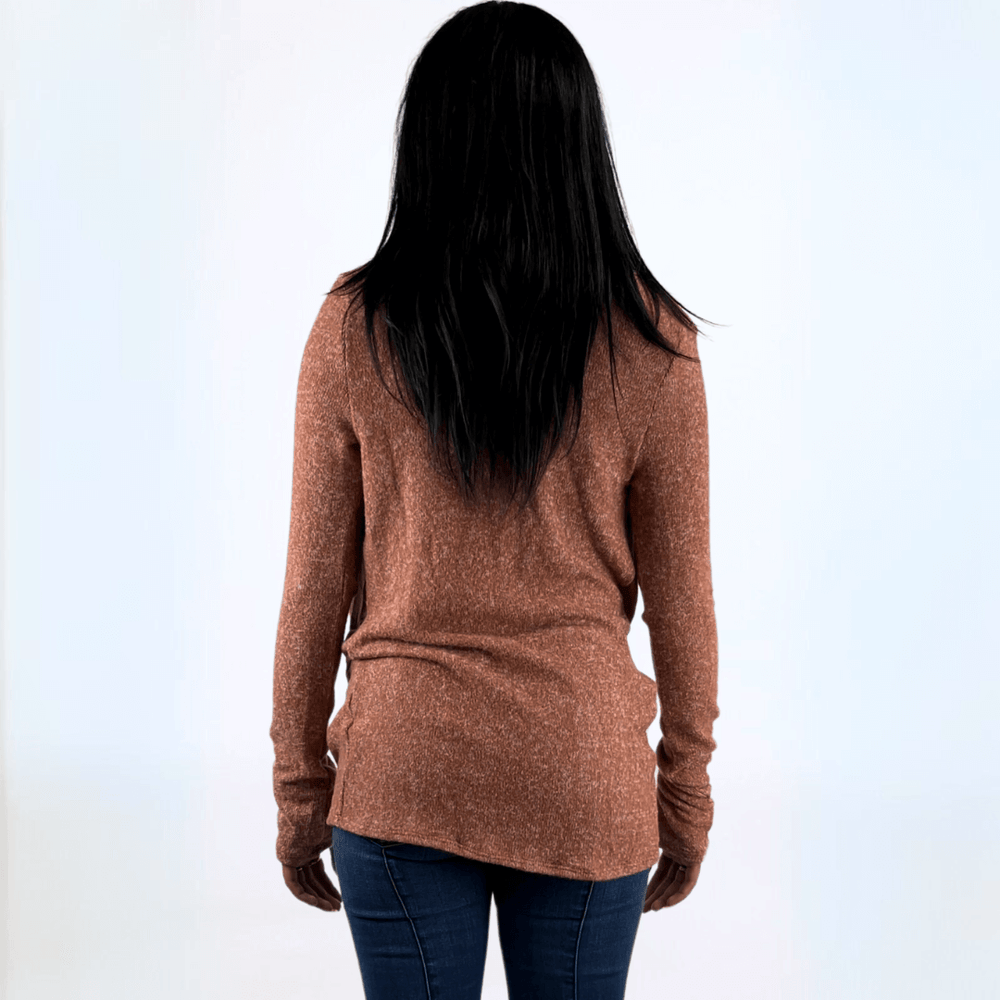 Made in USA Women's Marbled Knit Brick Red Soft Brushed Wrapped Front Sweater, Long Sleeves, Crossover Draped in Front, Longer Length | Classy Cozy Cool Made in America Boutique