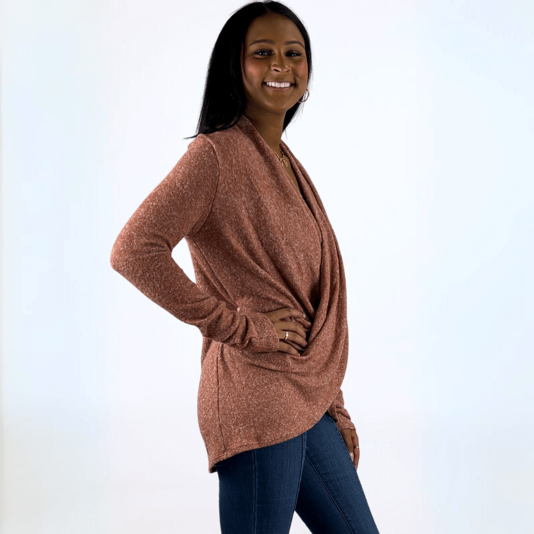 Made in USA Women's Marbled Knit Brick Red Soft Brushed Wrapped Front Sweater, Long Sleeves, Crossover Draped in Front, Longer Length | Classy Cozy Cool Made in America Boutique