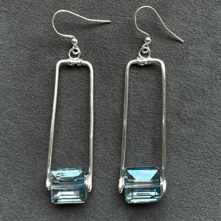 Hand Made in USA Women's Artisan Crafted Forged Rectangle Pendant Earrings with Blue Crystal  | Classy Cozy Cool Women's Made in America Boutique