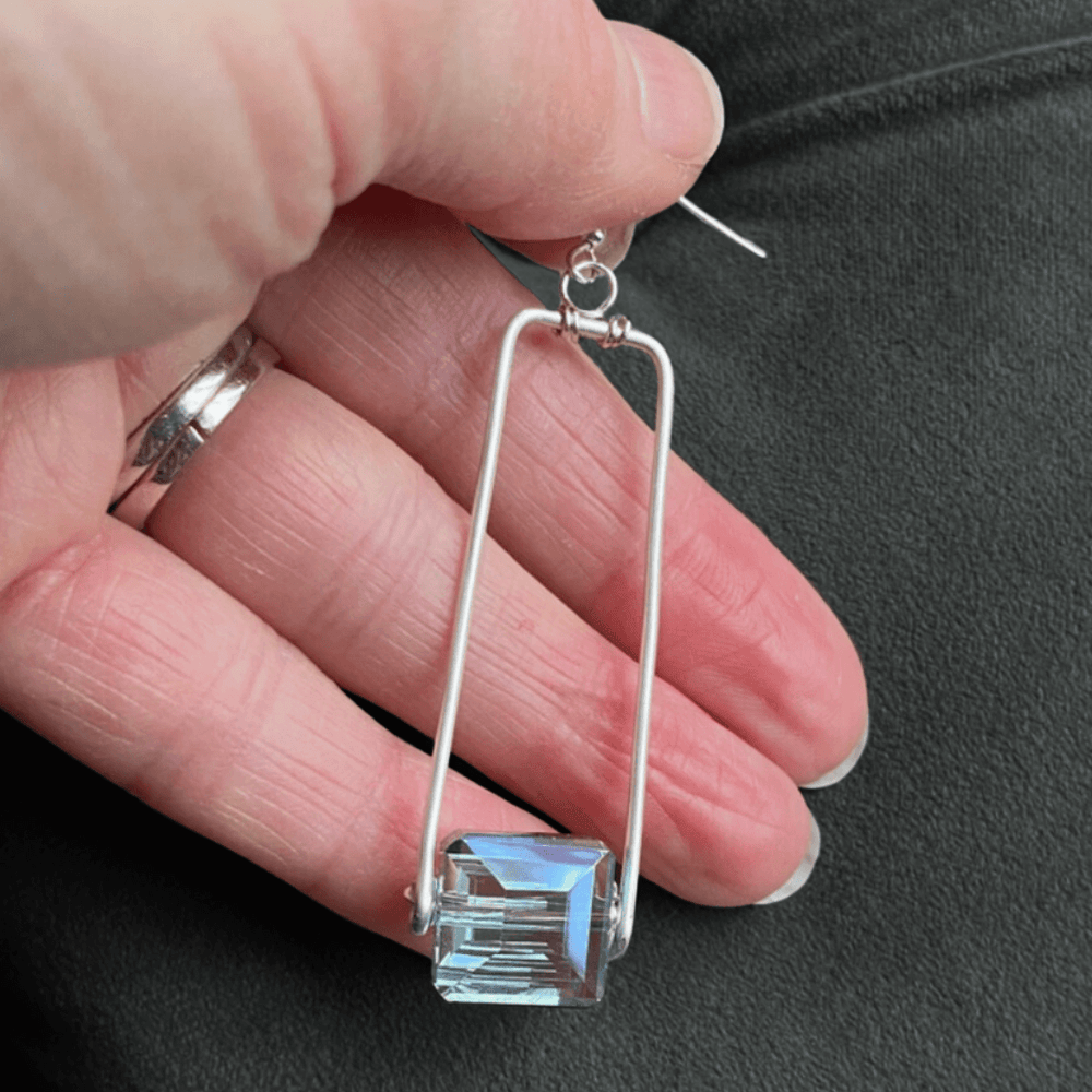 Hand Made in USA Women's Artisan Crafted Forged Rectangle Pendant Earrings with Blue Crystal  | Classy Cozy Cool Women's Made in America Boutique