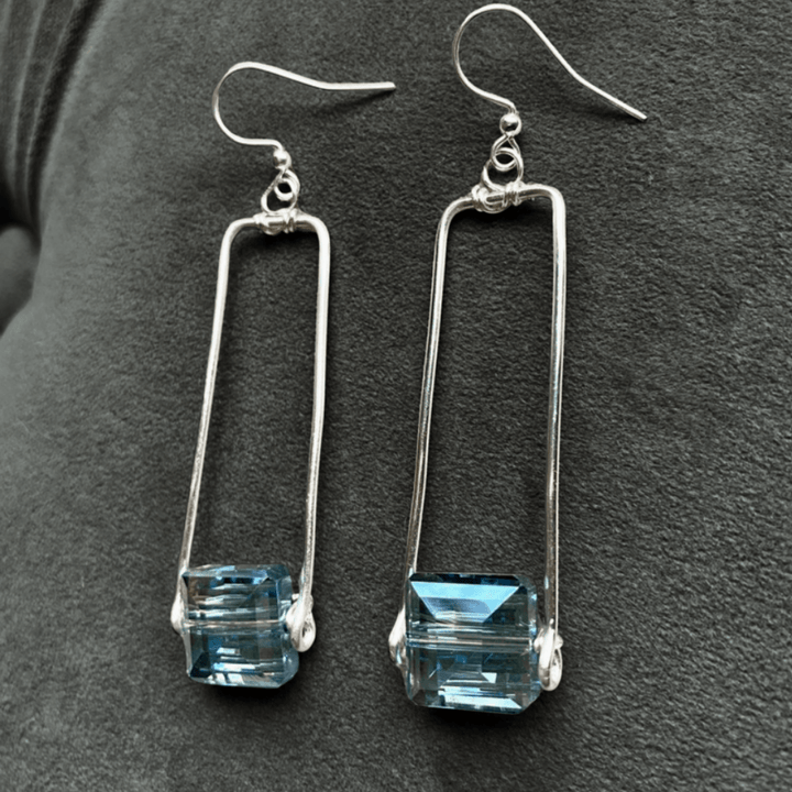 Hand Made in USA Women's Artisan Crafted Forged Rectangle Pendant Earrings with Blue Crystal  | Classy Cozy Cool Women's Made in America Boutique