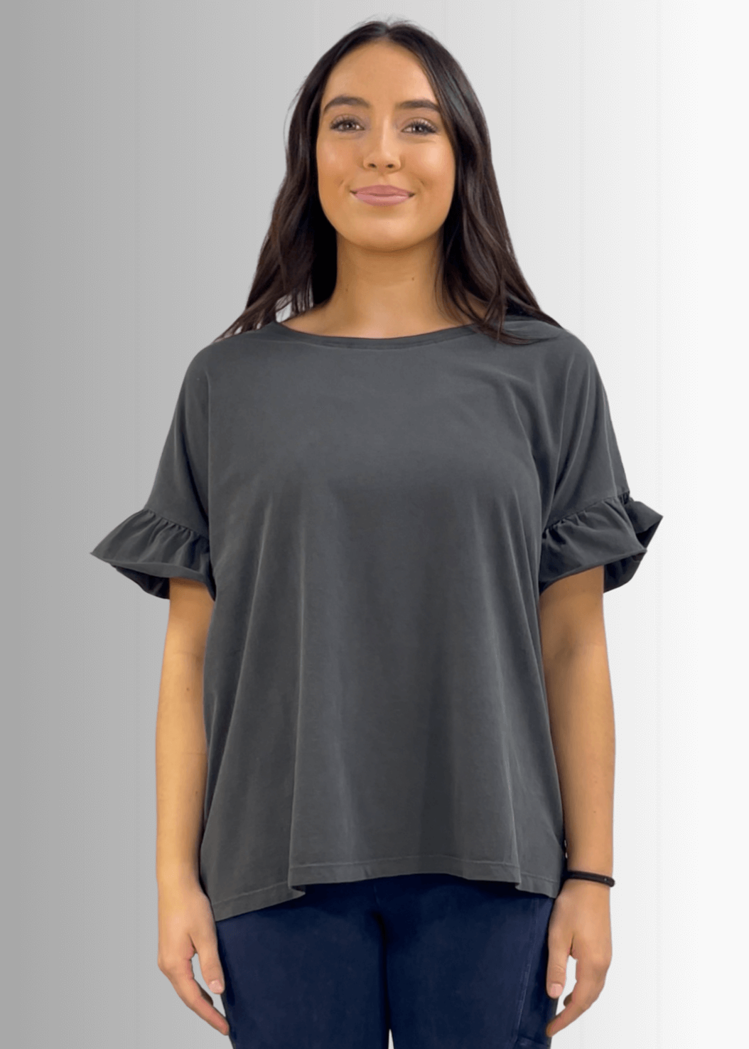 USA Made Premium 100% Cotton Super Soft Mineral Washed Oversized Ladies Tee with   Ruffle Sleeves in Southwest Red or Charcoal Gray | Classy Cozy Cool Made in America Clothing Boutique