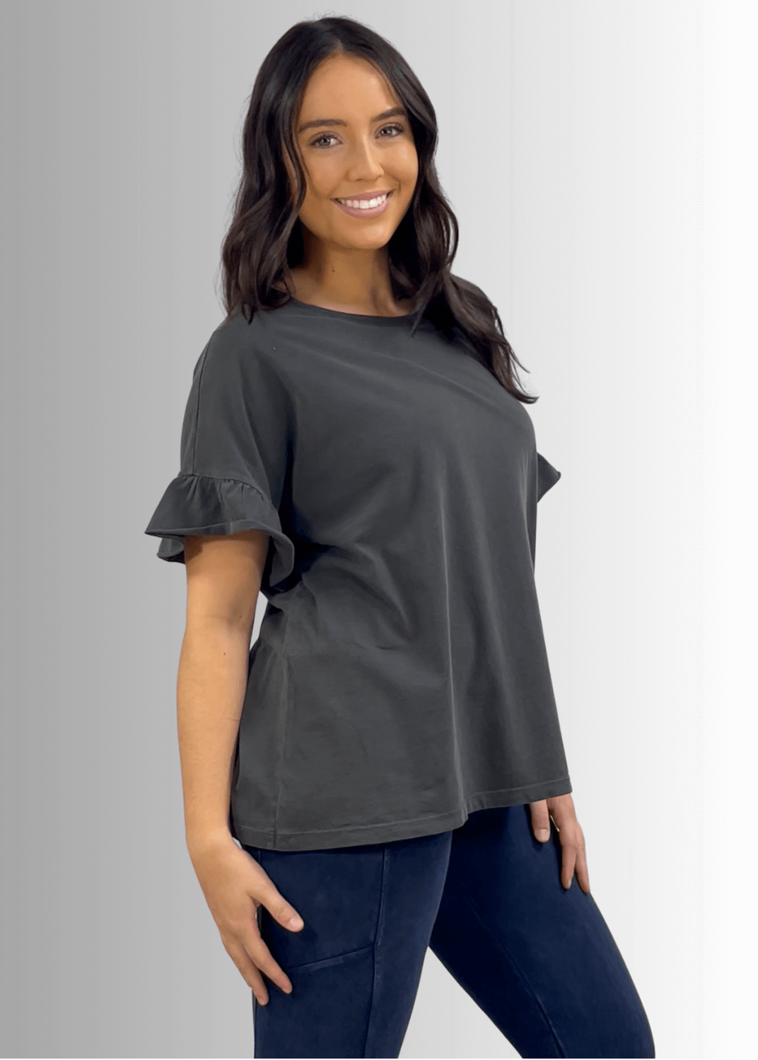 USA Made Premium 100% Cotton Super Soft Mineral Washed Oversized Ladies Tee with   Ruffle Sleeves in Southwest Red or Charcoal Gray | Classy Cozy Cool Made in America Clothing Boutique