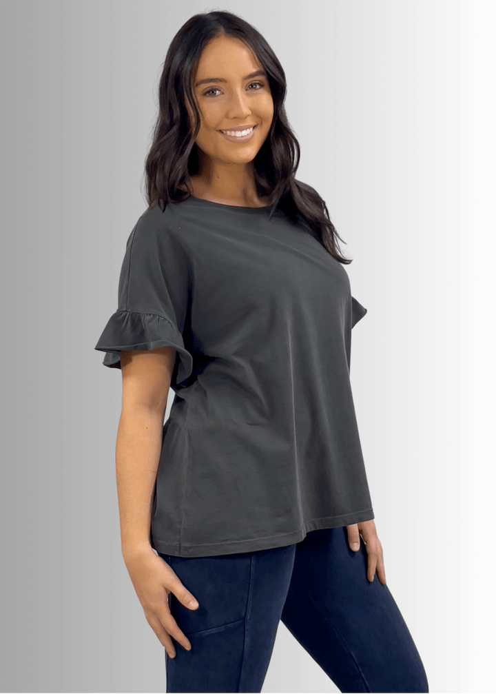 USA Made Premium 100% Cotton Super Soft Mineral Washed Oversized Ladies Tee with   Ruffle Sleeves in Southwest Red or Charcoal Gray | Classy Cozy Cool Made in America Clothing Boutique