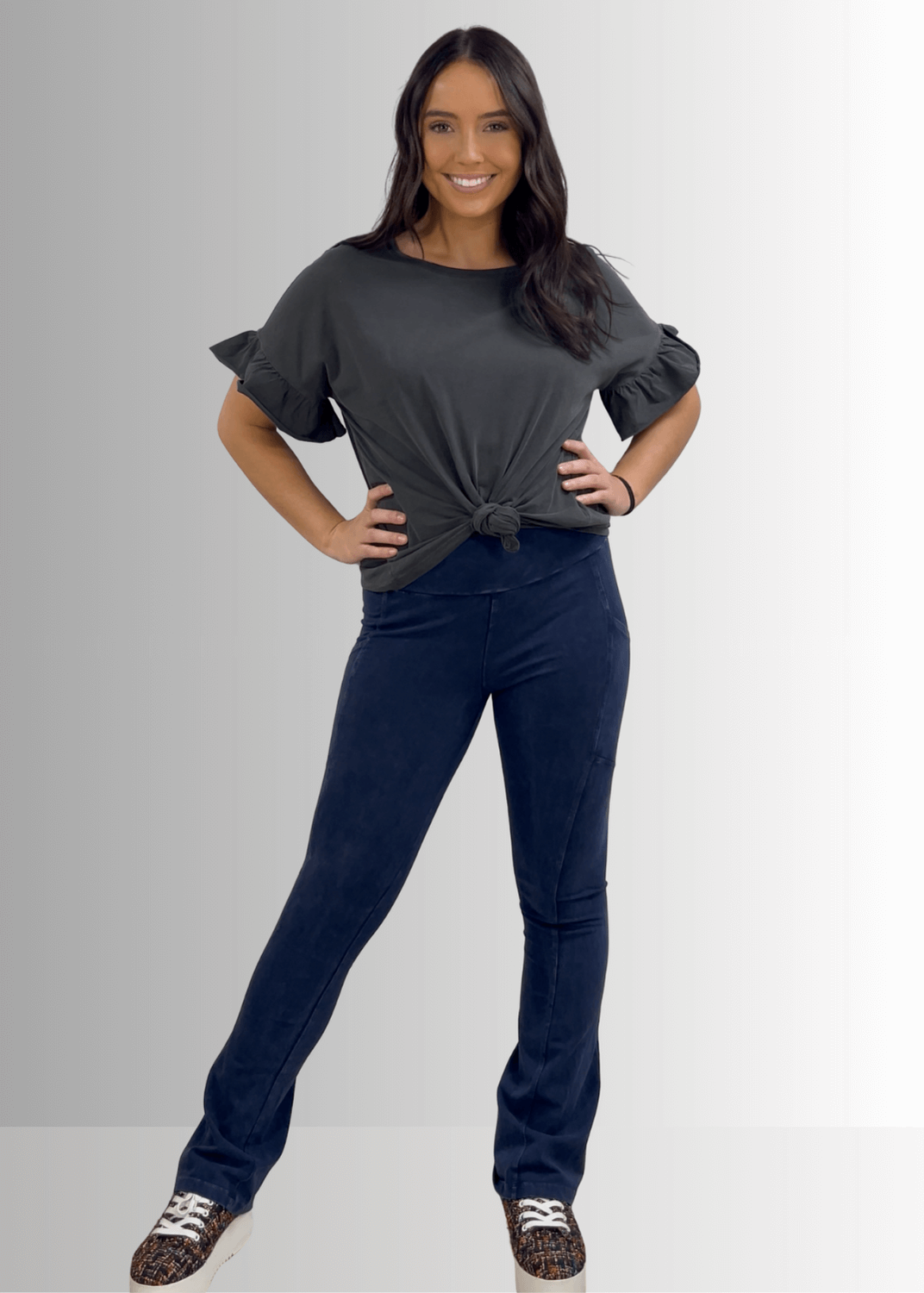 USA Made Premium 100% Cotton Super Soft Mineral Washed Oversized Ladies Tee with   Ruffle Sleeves in Southwest Red or Charcoal Gray | Classy Cozy Cool Made in America Clothing Boutique