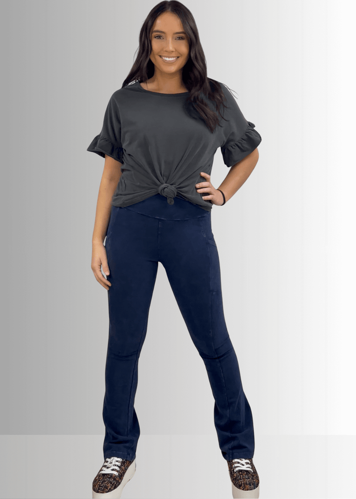 USA Made Premium 100% Cotton Super Soft Mineral Washed Oversized Ladies Tee with   Ruffle Sleeves in Southwest Red or Charcoal Gray | Classy Cozy Cool Made in America Clothing Boutique