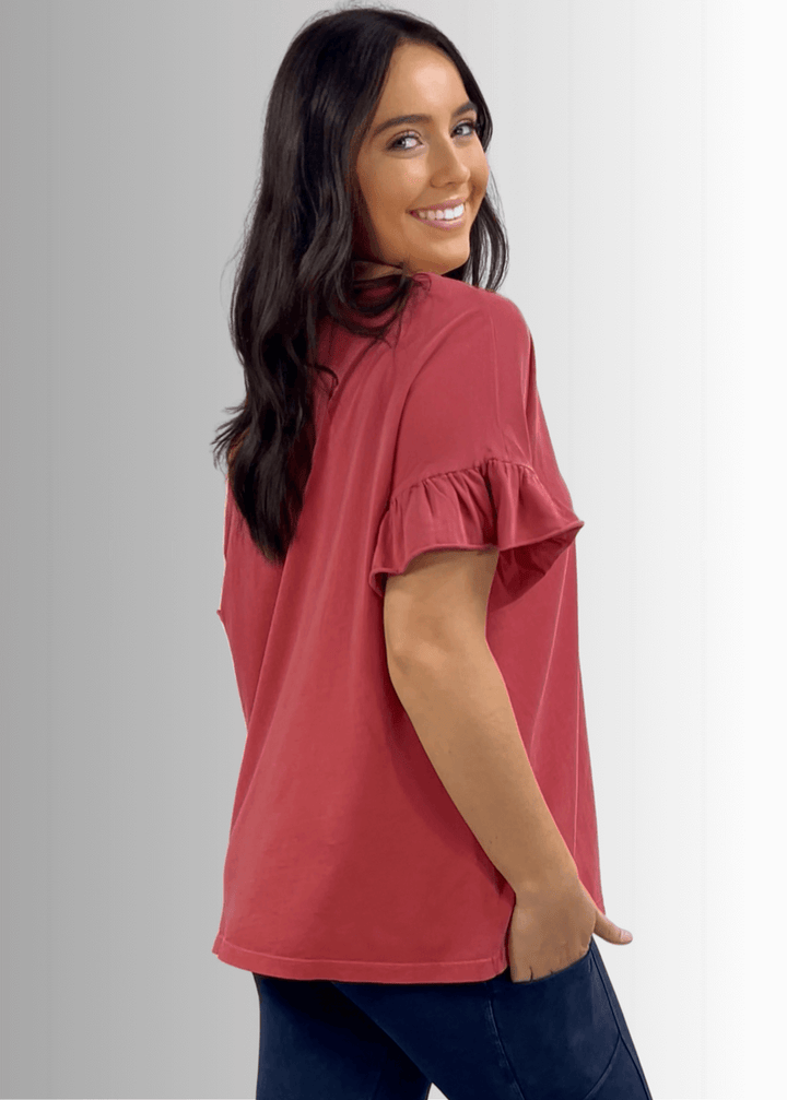 USA Made Premium 100% Cotton Super Soft Mineral Washed Oversized Ladies Tee with   Ruffle Sleeves in Southwest Red or Charcoal Gray | Classy Cozy Cool Made in America Clothing Boutique