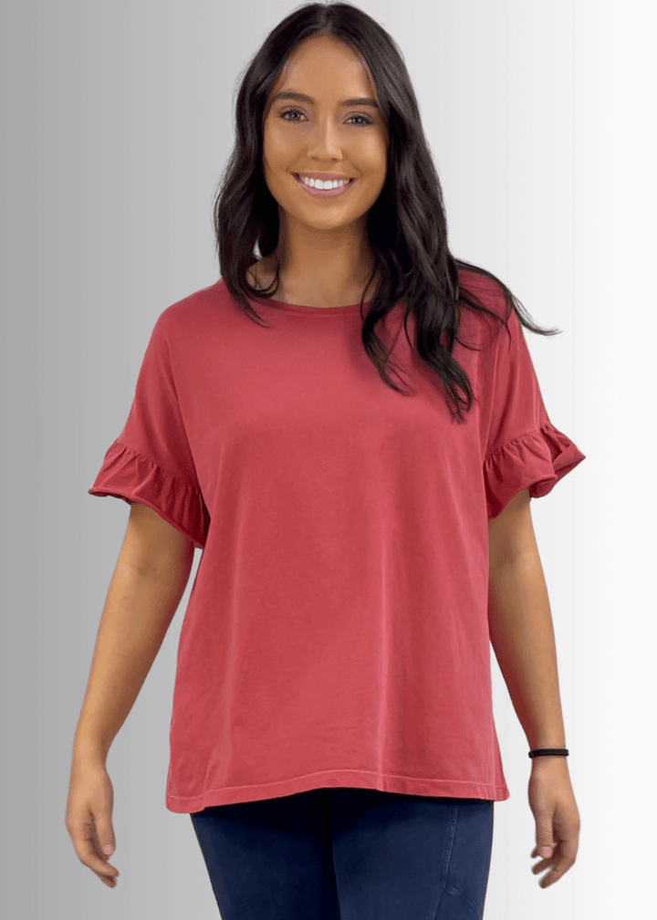 USA Made Premium 100% Cotton Super Soft Mineral Washed Oversized Ladies Tee with   Ruffle Sleeves in Southwest Red or Charcoal Gray | Classy Cozy Cool Made in America Clothing Boutique