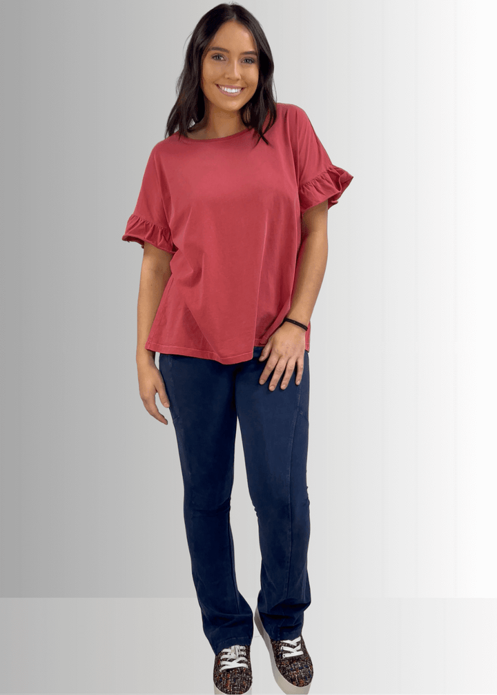 USA Made Premium 100% Cotton Super Soft Mineral Washed Oversized Ladies Tee with   Ruffle Sleeves in Southwest Red or Charcoal Gray | Classy Cozy Cool Made in America Clothing Boutique