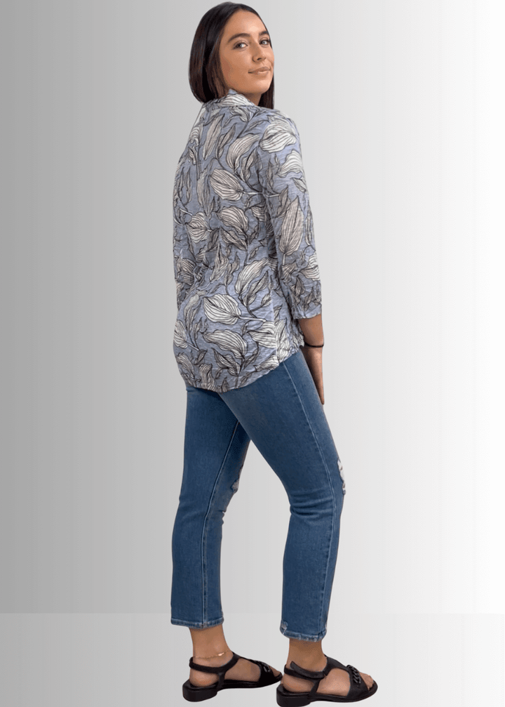 David Cline Blue Floral Rhinestone Embellished Snap Down Crushed Texture Collared Shirt | Made in USA | Women's Made in America Boutique