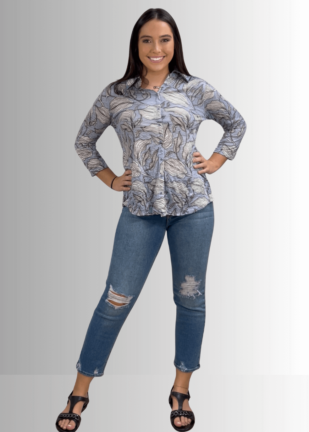David Cline Blue Floral Rhinestone Embellished Snap Down Crushed Texture Collared Shirt | Made in USA | Women's Made in America Boutique