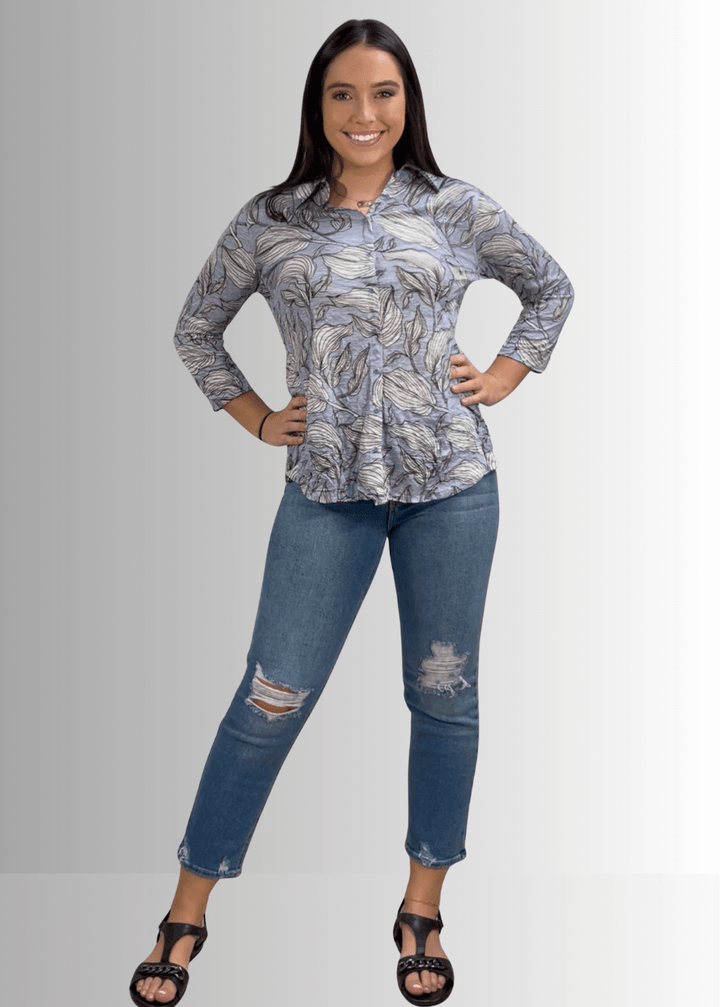 David Cline Blue Floral Rhinestone Embellished Snap Down Crushed Texture Collared Shirt | Made in USA | Women's Made in America Boutique