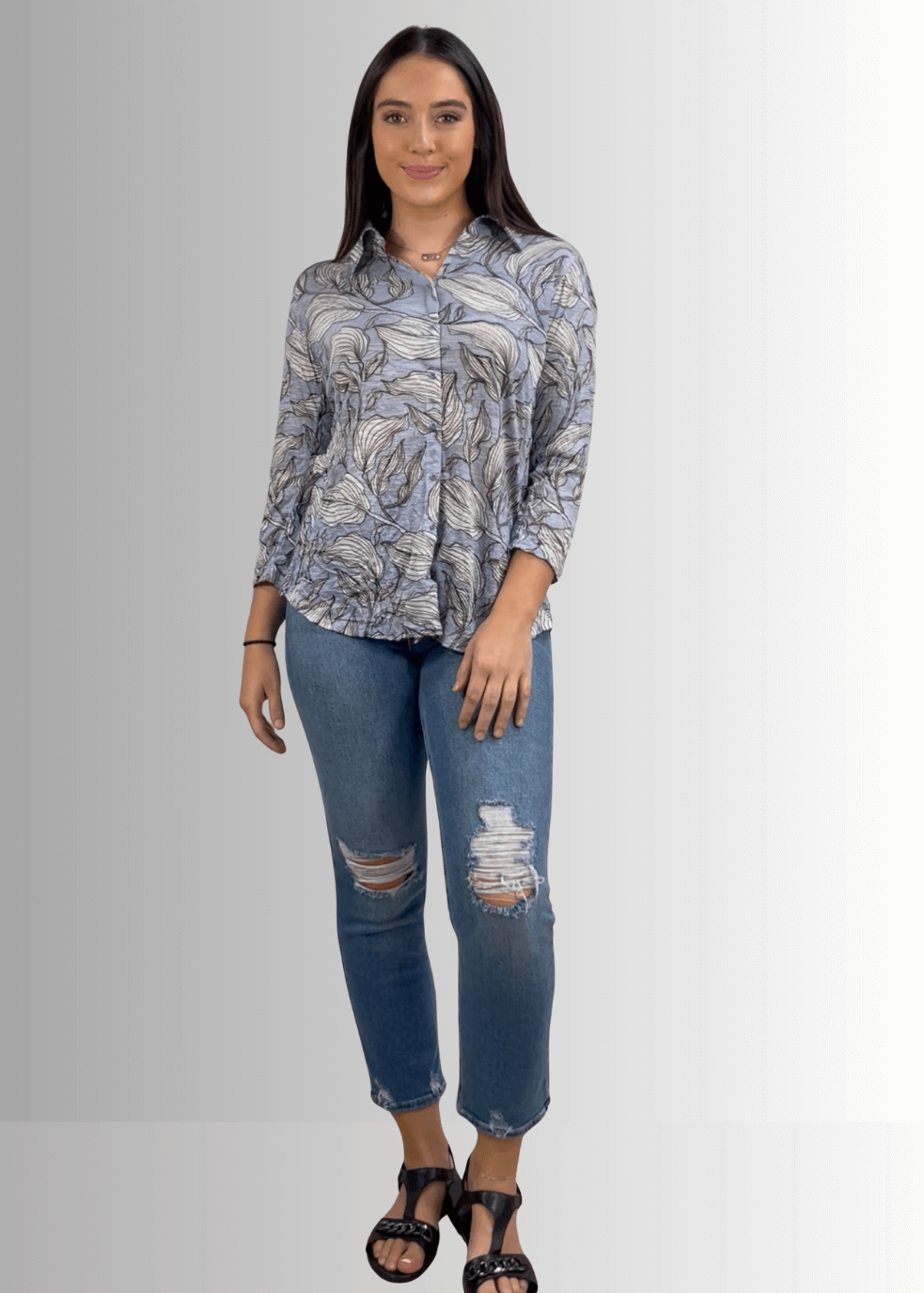 David Cline Blue Floral Rhinestone Embellished Snap Down Crushed Texture Collared Shirt | Made in USA | Women's Made in America Boutique