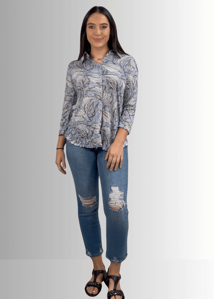 David Cline Blue Floral Rhinestone Embellished Snap Down Crushed Texture Collared Shirt | Made in USA | Women's Made in America Boutique