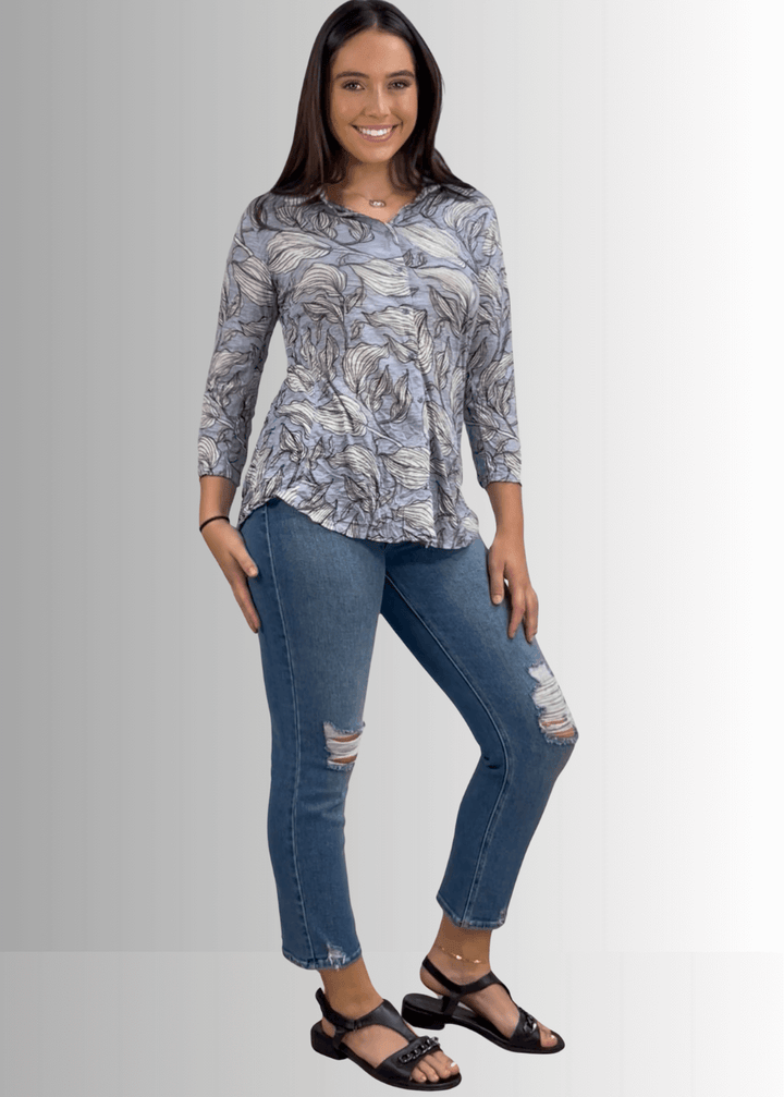 David Cline Blue Floral Rhinestone Embellished Snap Down Crushed Texture Collared Shirt | Made in USA | Women's Made in America Boutique