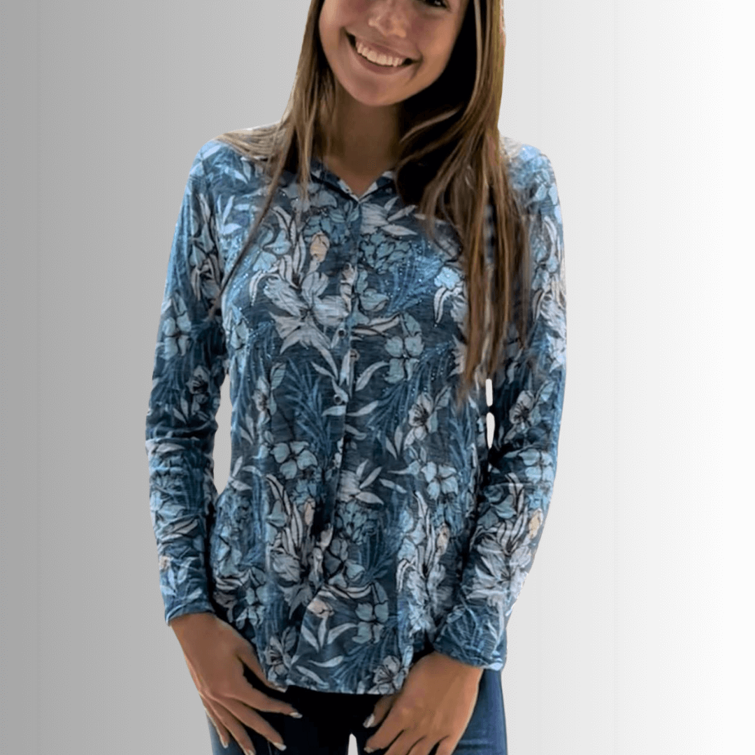 David Cline Blue Floral Rhinestone Embellished Snap Down Crushed Texture Collared Shirt | Made in USA | Women's Made in America Boutique