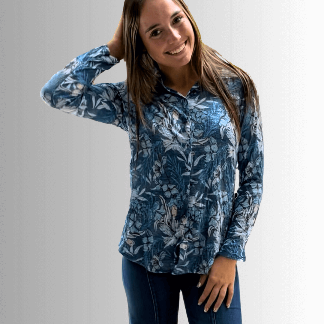 David Cline Blue Floral Rhinestone Embellished Snap Down Crushed Texture Collared Shirt | Made in USA | Women's Made in America Boutique