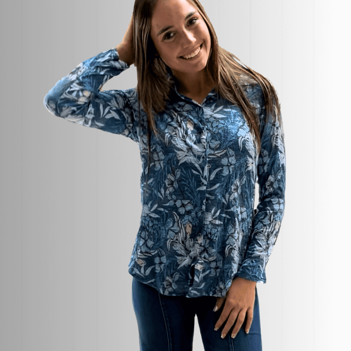 David Cline Blue Floral Rhinestone Embellished Snap Down Crushed Texture Collared Shirt | Made in USA | Women's Made in America Boutique