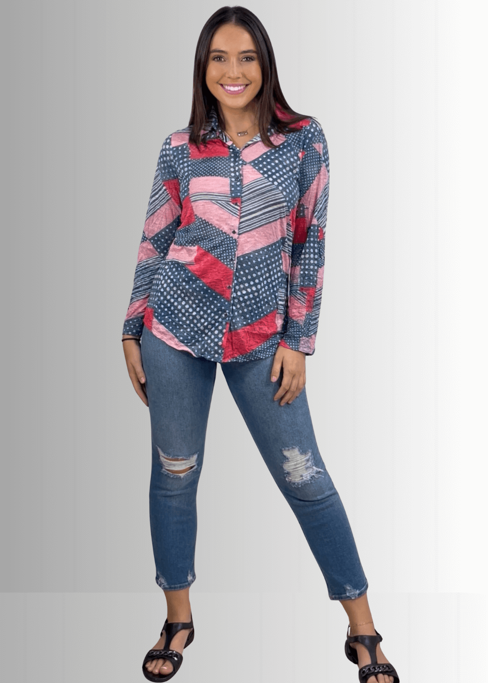 David Cline Patriotic Red, White & Blue Snap Down Crushed Texture Collared Shirt | Made in USA | Classy Cozy Cool Women's Made in America Boutique