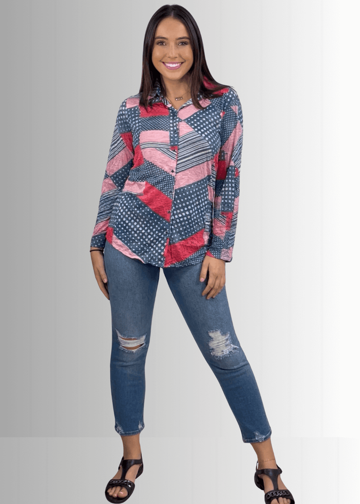 David Cline Patriotic Red, White & Blue Snap Down Crushed Texture Collared Shirt | Made in USA | Classy Cozy Cool Women's Made in America Boutique