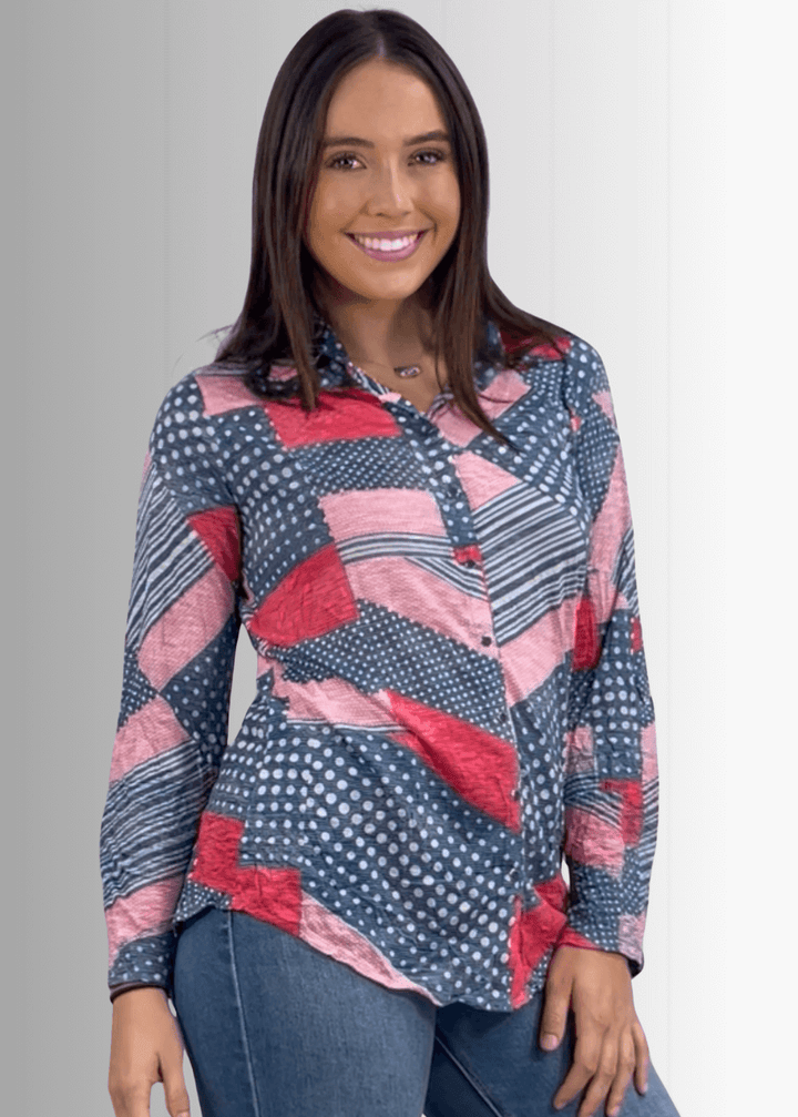 David Cline Patriotic Red, White & Blue Snap Down Crushed Texture Collared Shirt | Made in USA | Classy Cozy Cool Women's Made in America Boutique