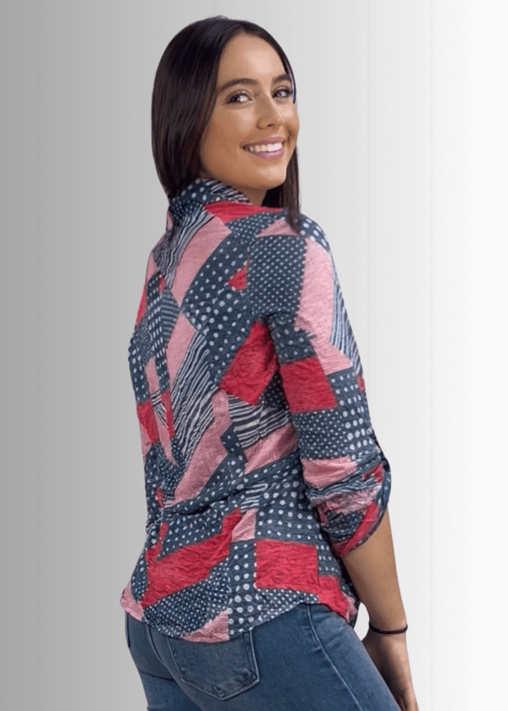 David Cline Patriotic Red, White & Blue Snap Down Crushed Texture Collared Shirt | Made in USA | Classy Cozy Cool Women's Made in America Boutique