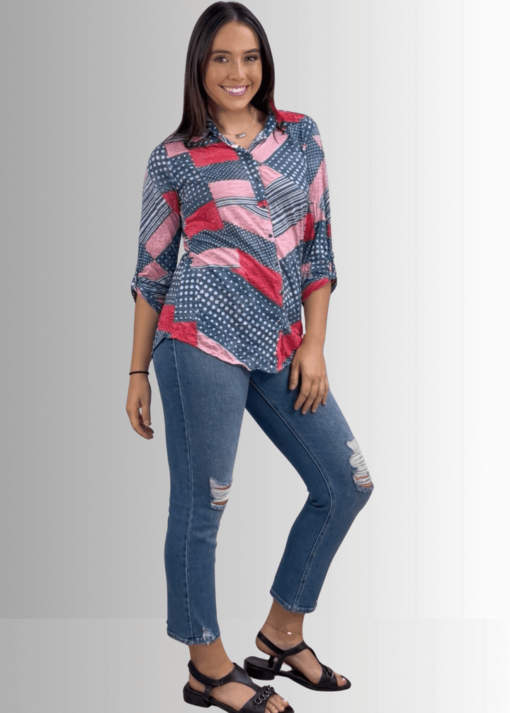 David Cline Patriotic Red, White & Blue Snap Down Crushed Texture Collared Shirt | Made in USA | Classy Cozy Cool Women's Made in America Boutique